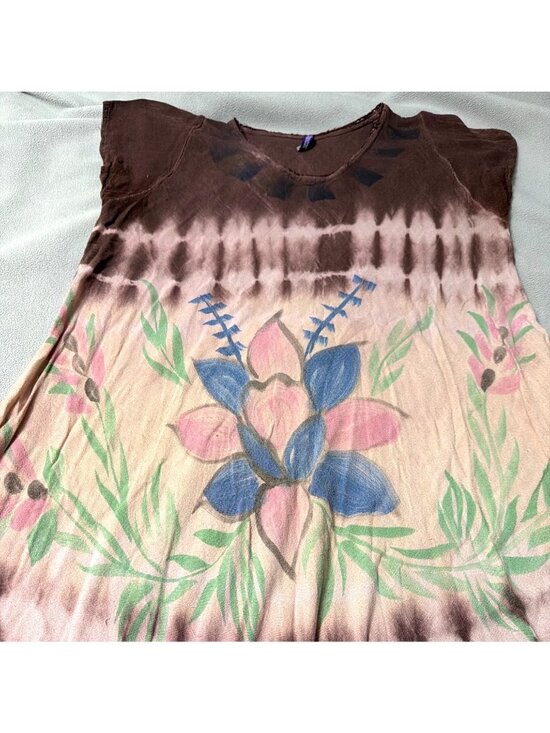 TRUE ROCK Dresses & Skirts - True Rock Womens Tie-Dye Asymmetric Hem Floral Tunic Dress Free Size Brown & Pin